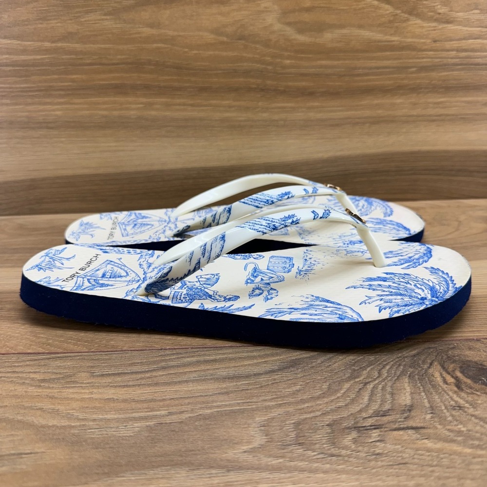 Tory Burch Far And Away Flip Flops Womens 8 M Blue Cream Travel Thong Sandals - Picture 5 of 10